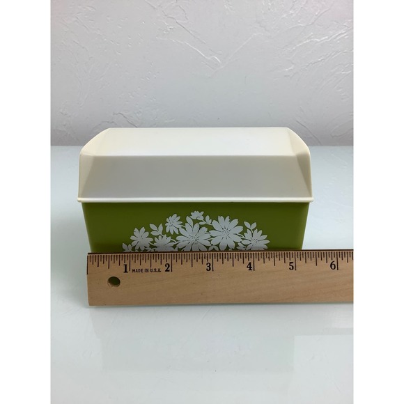 RARE VTG 1970s Retro Daisy Flowers green plastic Flip top Recipe Card box - Picture 7 of 12